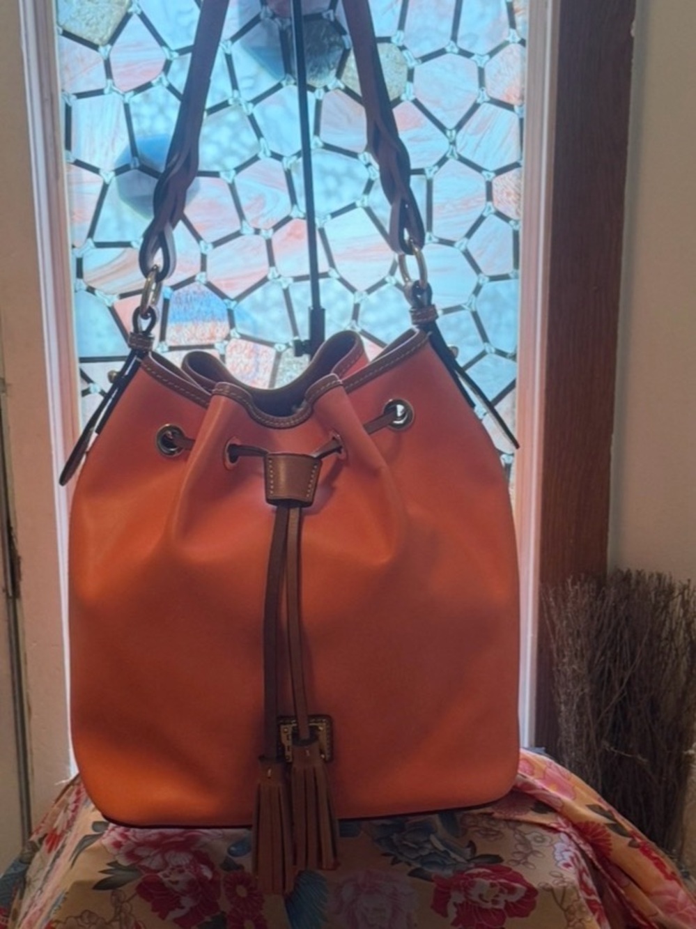 Dooney & Bourke Coral Pebbled Leather Drawstring Bucket Bag with matching wallet - Picture 13 of 13